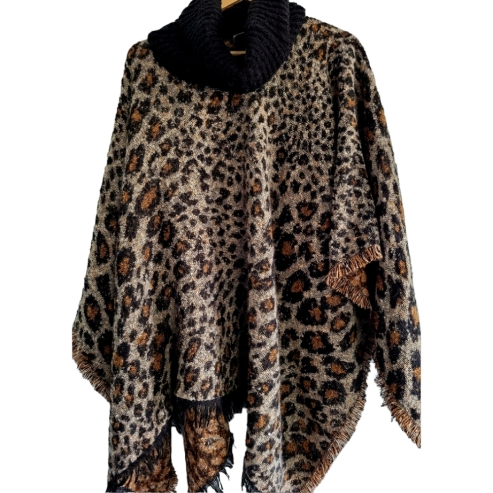 Leopard Print Sweater Turtleneck Pullover Poncho Black Brown and Gold Size S/M